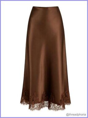 Women's Lace Trim Satin Midi Skirt High Waisted A-Line Long Skirt